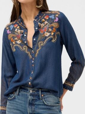 Johnny Was Ruffle Neck  Embroidered Blouse